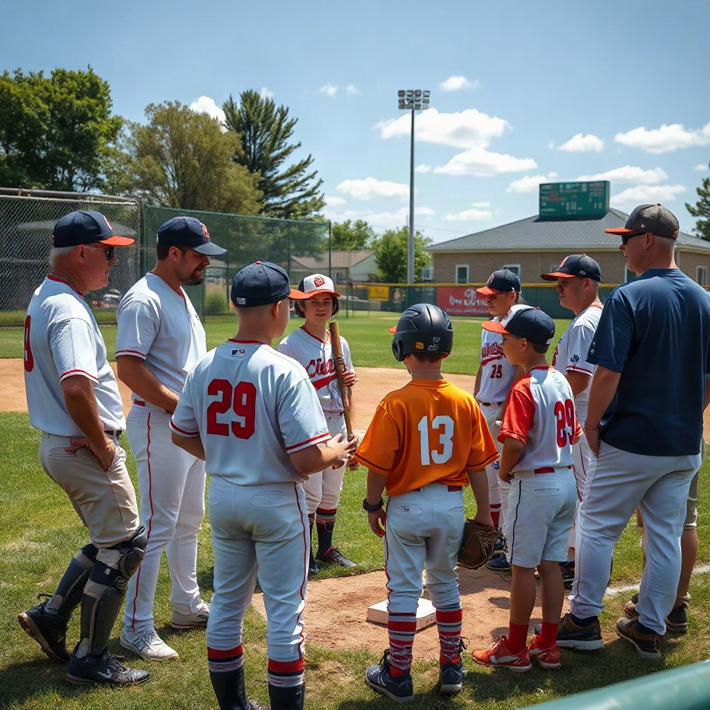 Coaches and young baseball players gathered around a training session