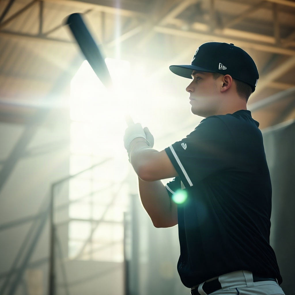 Professional baseball hitter mid-swing in a sunlit training facility